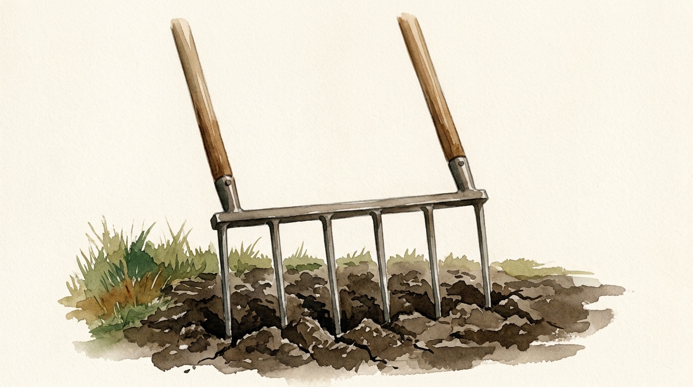A broadfork standing in dark soil: five long tines hanging in a row from a horizontal crossbar, with a tall wooden handle rising from each end of it