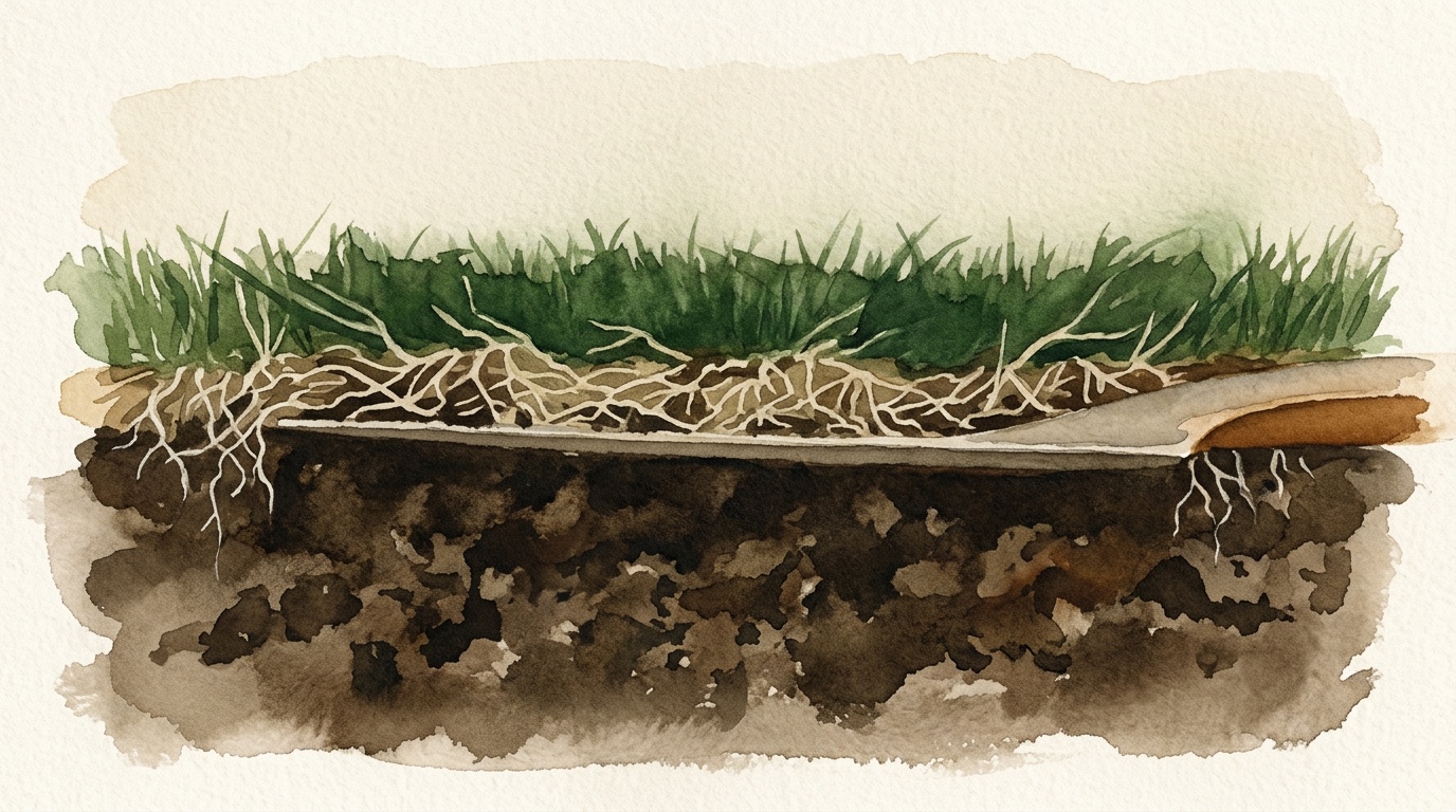 A cut through turf seen from the side: the spade blade running horizontally just beneath a thin mat of grass roots, with the dark soil below it left undisturbed