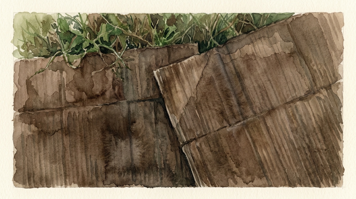 Two sheets of damp cardboard overlapping by a hand's width on rough grass, seen from above