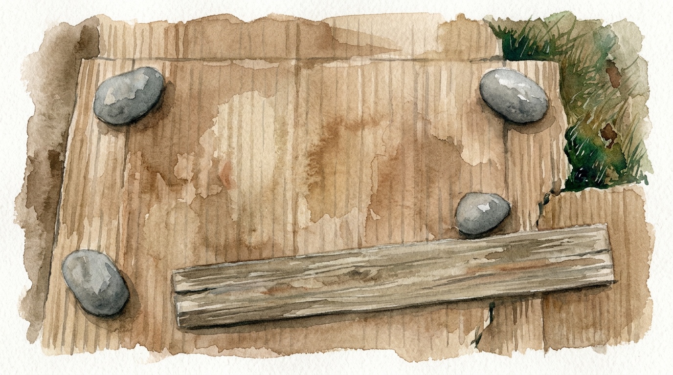 Cardboard held flat against the ground by four smooth stones and a timber plank